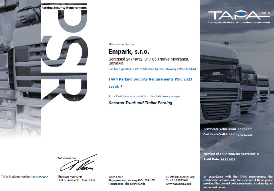Certifikát TAPA